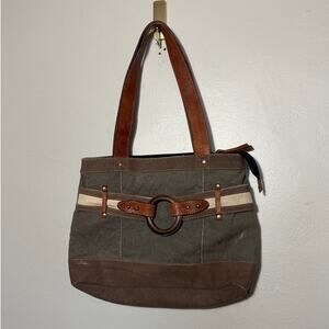 Mona B Brass Buckle Shoulder Bag Brown Army Green Distressed Leather Trim